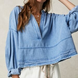 FP FREE PEOPLE Collection Nautical Boho Crop Denim Pullover in Indigo Sz L